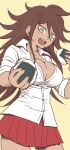  1girl :d bangs blush breasts brown_eyes brown_hair cleavage collarbone collared_shirt commentary_request cowboy_shot danganronpa_(series) danganronpa_2:_goodbye_despair dark-skinned_female dark_skin dress_shirt food food_on_face from_below green_eyes hair_between_eyes holding holding_food large_breasts long_hair miniskirt namu_(nurui_cha) onigiri open_mouth orange_background owari_akane partially_unbuttoned pleated_skirt red_skirt shirt simple_background skirt smile solo upper_teeth 