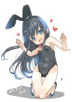  1girl absurdres animal_ears artist_name asashio_(kancolle) bare_legs black_hair black_leotard blue_eyes breasts dated fake_animal_ears full_body fyuo head_tilt highres kantai_collection kneeling leotard long_hair looking_at_viewer neck_ribbon playboy_bunny rabbit_ears red_ribbon ribbon simple_background small_breasts smile solo strapless strapless_leotard white_background 