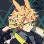  1boy aluce animal_ears arknights artist_name blonde_hair coat fingerless_gloves glasses gloves green_eyes happy holding holding_eyewear leonhardt_(arknights) looking_at_viewer necktie open_mouth pale_skin rabbit_ears sample shiny shiny_hair signature simple_background smile solo standing watermark 