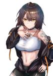  1girl 3kneko ahoge arm_tattoo azur_lane baltimore_(azur_lane) baltimore_(black_ace)_(azur_lane) bangs bare_shoulders black_choker black_jacket black_shorts braid breasts brown_hair chest_tattoo choker closed_mouth collarbone commentary cowboy_shot eyebrows_visible_through_hair flower_tattoo french_braid hair_between_eyes hand_on_hip hand_on_own_chest jacket large_breasts looking_at_viewer midriff navel off_shoulder official_alternate_costume partially_unzipped short_hair short_shorts shorts sidelocks simple_background smile solo sports_bra standing stomach_tattoo tattoo taut_clothes white_background white_sports_bra yellow_eyes 