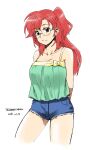  1girl ano_natsu_de_matteru arms_behind_back bare_shoulders bow breasts brown_eyes cleavage closed_mouth cowboy_shot dated denim denim_shorts highres looking_at_viewer one_side_up red_hair round_eyewear shirt short_shorts shorts signature simple_background smile solo tachibana_roku takatsuki_ichika white_background yellow_bow 