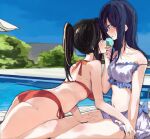  2girls ass bangs bare_arms bare_shoulders bikini black_hair blue_eyes blue_sky blush breasts commentary_request day eye_contact eyebrows_visible_through_hair food frilled_bikini frills hair_between_eyes hibike!_euphonium holding holding_food ice_cream ice_cream_cone kasaki_nozomi lamb_(hitsujiniku) liz_to_aoi_tori long_hair looking_at_another medium_breasts multiple_girls navel outdoors ponytail pool poolside purple_eyes purple_hair red_bikini sky strap_slip sweat swimsuit water white_bikini yoroizuka_mizore yuri 