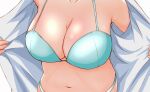  1girl blue_bra blue_panties bra breasts cleavage collarbone cowboy_shot head_out_of_frame higurashi_no_naku_koro_ni large_breasts navel open_clothes panties picokwan shirt solo sonozaki_mion underwear undressing white_background white_shirt 