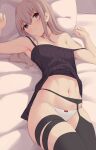 1girl absurdres act_(xadachit) armpits arms_up bangs bare_arms bare_shoulders bed bed_sheet black_legwear blue_eyes bow bow_panties breasts camisole clenched_hands collarbone commentary garter_belt garter_straps girls&#039;_frontline hair_over_shoulder head_tilt highres legs_together long_hair looking_at_viewer lying midriff multicolored_hair navel off_shoulder on_back on_bed panties pillow pink_hair purple_hair sidelocks small_breasts solo st_ar-15_(girls&#039;_frontline) streaked_hair thigh_strap thighhighs underwear white_panties 
