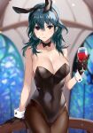  1girl alcohol animal_ears ass_visible_through_thighs bangs bare_arms bare_shoulders black_gloves black_legwear black_leotard blue_eyes blue_hair blush bow bow_choker bowtie breasts byleth_(fire_emblem) byleth_(fire_emblem)_(female) cleavage commentary cup drinking_glass fake_animal_ears fire_emblem fire_emblem:_three_houses gloves hair_between_eyes hand_on_railing haru_(nakajou-28) highres holding holding_cup large_breasts leotard long_hair pantyhose parted_lips playboy_bunny rabbit_ears solo wine wine_glass wrist_cuffs 