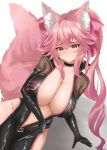  1girl absurdres animal_ear_fluff animal_ears bangs black_bodysuit blush bodysuit bow breasts center_opening choker cleavage fate/grand_order fate_(series) fox_ears fox_girl fox_tail hair_between_eyes hair_bow highres hip_vent koyanskaya_(fate) large_breasts long_hair looking_at_viewer nanakuro pink_bow pink_hair ponytail sidelocks smile solo tail tamamo_(fate) thighs yellow_eyes 