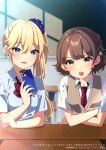  2girls :o bangs blonde_hair blue_nails blue_scrunchie blue_shirt bow braid brown_hair cardigan_vest cellphone collared_shirt commentary_request crossed_arms desk douka_ore_wo_houtteoitekure eyebrows_visible_through_hair hair_between_eyes hair_ornament hair_scrunchie hanamitsuji_sora highres holding holding_phone hoshigasaki_ruri indoors long_hair looking_at_viewer mamyouda multiple_girls nail_polish necktie novel_illustration official_art open_mouth phone purple_neckwear red_eyes school_desk school_uniform scrunchie shirt short_sleeves side_ponytail smile upper_teeth v-shaped_eyebrows very_long_hair watermark white_shirt 
