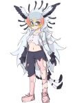  1girl alternate_costume bird_girl bird_tail bird_wings black_gloves black_pants blonde_hair brown_eyes coat commentary_request darusu eyebrows_visible_through_hair glasses gloves grey_hair hair_between_eyes head_wings highres kemono_friends long_hair midriff multicolored_hair navel orange_hair pants pantyhose pink_footwear pink_legwear secretarybird_(kemono_friends) semi-rimless_eyewear shirt solo survival_friends tail torn_clothes torn_coat torn_legwear torn_pants torn_shirt white_coat white_hair white_shirt wings 