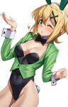  1girl akatsuki_kirika animal_ears black_leotard blonde_hair breasts covered_navel detached_collar fake_animal_ears green_eyes hair_ornament leotard looking_at_viewer medium_breasts playboy_bunny rabbit_ears rabbit_tail senki_zesshou_symphogear shiny shiny_hair shiny_skin short_hair simple_background solo standing strapless strapless_leotard tail tsukamoto_kensuke white_background x_hair_ornament 