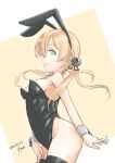  1girl absurdres alternate_costume anchor_hair_ornament animal_ears aqua_eyes black_legwear blonde_hair breasts cowboy_shot dated fyuo hair_ornament highres kantai_collection long_hair looking_at_viewer one-hour_drawing_challenge playboy_bunny prinz_eugen_(kancolle) rabbit_ears rabbit_tail small_breasts solo tail thighhighs tongue tongue_out twintails twitter_username wrist_cuffs 