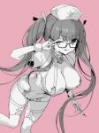  1girl bangs bb_(bb_shot!)_(fate) bb_(fate) blush breasts choker cleavage dress fate/extra fate/extra_ccc fate_(series) glasses greyscale hair_ribbon hat highres large_breasts licking_lips long_hair looking_at_viewer monochrome nurse_cap one_eye_closed pink_background ribbon short_dress short_sleeves smile solo syringe thighhighs thighs tongue tongue_out twintails v very_long_hair vivi_(eve_no_hakoniwa) wrist_cuffs 