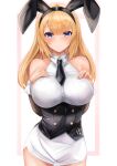  1girl absurdres animal_ears armpit_crease astoria_(azur_lane) astoria_(black_bunny_carnival)_(azur_lane) azur_lane bangs bare_shoulders black_corset black_neckwear blonde_hair blue_eyes blunt_bangs blush breasts closed_mouth collarbone collared_shirt commentary corset cowboy_shot eyebrows_visible_through_hair fake_animal_ears hair_between_eyes hands_on_own_chest highres large_breasts long_hair looking_at_viewer necktie official_alternate_costume rabbit_ears ryara shirt sidelocks simple_background skirt sleeveless sleeveless_shirt smile solo standing white_background white_shirt white_skirt 