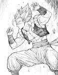  1boy closed_mouth commentary dragon_ball dragon_ball_super english_commentary feet_out_of_frame from_side gogeta greyscale hands_up highres legs_apart male_focus metamoran_vest monochrome muscular muscular_male pants profile sash smile solo standing wristband y_naf 