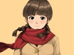  1girl bangs black_eyes blunt_bangs braid brown_hair closed_mouth commentary_request hair_over_shoulder highres jacket long_hair looking_at_viewer original red_scarf scarf simple_background smile solo tachibana_roku twin_braids upper_body yellow_background yellow_jacket 