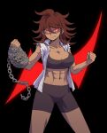  1girl abs alternate_costume alternate_eye_color bangs bike_shorts black_background black_shorts breasts brown_hair chain cleavage clenched_hands clenched_teeth commentary_request cowboy_shot danganronpa_(series) danganronpa_2:_goodbye_despair dark-skinned_female dark_skin large_breasts legs_apart long_hair looking_at_viewer muscular muscular_female namu_(nurui_cha) navel open_clothes open_shirt owari_akane red_background red_eyes shirt shorts solo standing stomach teeth torn_clothes torn_shirt 