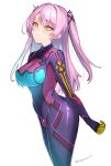  1girl arms_behind_back bodysuit breasts character_request covered_nipples glowing large_breasts long_hair looking_at_viewer plugsuit purple_hair sagara_riri senpai_ga_ore_to_chikyuu_wo_horoboshi_ni_kiteru simple_background skin_tight smile smug solo standing twitter_username two_side_up white_background yellow_eyes 