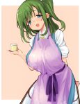  1girl apron ase_(nigesapo) blue_dress blue_eyes blush breasts collared_shirt daiyousei dress eyebrows_visible_through_hair fairy fairy_wings green_hair holding large_breasts long_hair open_mouth puffy_short_sleeves puffy_sleeves purple_apron shirt short_sleeves side_ponytail smile solo touhou white_shirt wings 