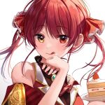  1girl :p bare_shoulders blush cake eyebrows_visible_through_hair food fruit hand_on_own_chin heterochromia highres hololive houshou_marine icing looking_at_viewer myowa plate red_eyes red_hair solo strawberry strawberry_slice tongue tongue_out two_side_up yellow_eyes 