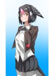  1girl absurdres arms_behind_back bird_girl bird_tail bird_wings black_hair black_neckwear black_skirt brown_jacket collared_shirt commentary_request cowboy_shot eyebrows_visible_through_hair greater_honeyguide_(kemono_friends) hair_between_eyes head_wings highres jacket kemono_friends looking_at_viewer multicolored_hair open_clothes open_jacket panties pink_hair pleated_skirt shirt short_hair skirt smile solo tail tanabe_(fueisei) underwear white_hair white_legwear white_shirt wings yellow_eyes 