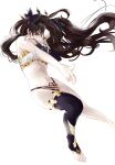  1girl armlet asa_(1asa-0-asa1) bangs bikini black_hair black_legwear breasts detached_sleeves earrings fate/grand_order fate_(series) finger_gun gold_trim hair_ribbon highres hoop_earrings ishtar_(fate) ishtar_(fate)_(all) jewelry long_hair looking_at_viewer medium_breasts mismatched_bikini parted_bangs red_eyes ribbon single_detached_sleeve single_thighhigh solo swimsuit thighhighs thighlet tiara two_side_up 