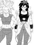  2girls ? abs armor bracer breasts broly_(dragon_ball_super) closed_mouth commentary dragon_ball dragon_ball_super dragon_ball_super_broly earrings english_commentary genderswap genderswap_(mtf) greyscale grin hands_on_hips highres jewelry kefla_(dragon_ball) long_hair looking_at_another looking_to_the_side medium_breasts monochrome multiple_girls muscular muscular_female pants pauldrons potara_earrings saiyan_armor sanpaku scar scar_on_cheek scar_on_face shoulder_armor simple_background smile spiked_hair standing super_saiyan waist_cape white_background y_naf 