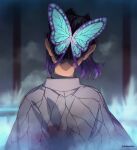  1girl artist_name blurry butterfly_hair_ornament dalc_rose depth_of_field ears from_behind hair_ornament haori highres japanese_clothes kimetsu_no_yaiba kochou_shinobu nape purple_hair short_hair solo twitter_username upper_body 