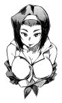  1girl breasts cigarette cleavage cowboy_bebop faye_valentine greyscale hairband highres large_breasts looking_at_viewer medium_hair monochrome mouth_hold simple_background smile solo tachibana_roku upper_body white_background 
