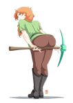  1girl alex_(minecraft) ass automatic_giraffe braid full_body green_eyes green_shirt long_hair looking_at_viewer minecraft orange_hair pants red_eyes shirt simple_background smile solo super_smash_bros. weapon 