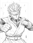  1boy belt clenched_hands closed_mouth commentary dragon_ball dragon_ball_z english_commentary fighting_stance greyscale looking_at_viewer male_focus monochrome solo son_gohan spiked_hair super_saiyan vest y_naf 