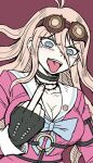  1girl :d bangs barbed_wire black_gloves blue_eyes blush breasts choker cleavage collarbone commentary_request danganronpa_(series) danganronpa_v3:_killing_harmony fingerless_gloves gloves goggles goggles_on_head iruma_miu large_breasts long_hair looking_at_viewer middle_finger namu_(nurui_cha) o-ring open_mouth pink_background pink_shirt red_background shirt simple_background smile solo tongue tongue_out upper_body upper_teeth 