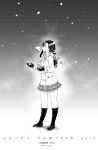  1girl 2015 blush buttons copyright_request dated double-breasted enpera gloves greyscale happy_new_year highres jacket loafers long_hair long_sleeves miniskirt monochrome new_year parted_lips pleated_skirt scarf school_uniform shoes signature skirt snow snowing socks solo standing tachibana_roku 