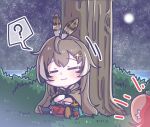 2girls ? animal_ears bangs brown_hair chibi closed_eyes commentary crossed_arms feathers grass hakos_baelz hololive hololive_english long_hair monja_(monja0521) mouse_ears multiple_girls nanashi_mumei night night_sky out_of_frame sky solo_focus spoken_question_mark tree virtual_youtuber 