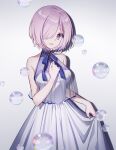  1girl :d bare_arms bare_shoulders breasts cowboy_shot dress eyebrows_visible_through_hair fate/grand_order fate_(series) hair_over_one_eye hand_on_own_chest highres mash_kyrielight medium_breasts neck_ribbon open_mouth pink_hair purple_eyes purple_neckwear purple_ribbon ribbon see-through short_hair simple_background skirt_hold sleeveless sleeveless_dress smile soap_bubbles solo white_background white_dress zhi_(yammycheese) 