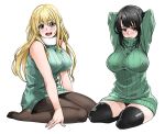  2girls :d atago_(kancolle) bare_shoulders black_hair black_legwear black_panties blonde_hair blush breasts brown_legwear closed_mouth covered_nipples embarrassed green_eyes green_sweater hands_up kantai_collection large_breasts long_hair looking_at_viewer medium_hair multiple_girls open_mouth panties pantyhose pantyshot red_eyes ribbed_sweater simple_background sitting sleeveless sleeveless_sweater smile sweater tachibana_roku takao_(kancolle) thigh_gap thighhighs underwear upper_teeth white_background 