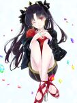  1girl asa_(1asa-0-asa1) bangs black_hair black_jacket black_skirt blush breasts closed_mouth earrings fate/grand_order fate_(series) gem hair_ribbon high_heels highres hoop_earrings ishtar_(fate) ishtar_(fate)_(all) jacket jewelry knees_up long_hair long_sleeves looking_at_viewer medium_breasts one_eye_closed open_clothes open_jacket parted_bangs red_eyes red_footwear red_shirt ribbon shirt skirt smile solo tiara two_side_up under_the_same_sky 