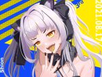  1girl 3 absurdres animal_ear_fluff animal_ears bangom_r bangs black_choker black_nails black_ribbon blush cat_ears character_name choker commentary_request dated eyebrows_visible_through_hair frilled_choker frills hair_intakes hair_ribbon hand_up highres hololive long_hair murasaki_shion nail_polish number open_mouth ribbon silver_hair solo teeth tongue tongue_out twintails upper_body virtual_youtuber w yellow_eyes 