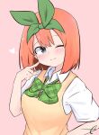  1girl ;) bangs blue_eyes blush breasts closed_mouth collared_shirt dress_shirt eyebrows_behind_hair finger_to_cheek go-toubun_no_hanayome green_ribbon hair_between_eyes hair_ribbon hand_up head_tilt heart kujou_karasuma medium_breasts nakano_yotsuba one_eye_closed orange_hair pink_background ribbon shirt signature simple_background smile solo sweater_vest upper_body white_shirt 