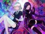  2others absurdres androgynous black_eyes black_gloves black_hair black_legwear black_neckwear bort commentary diamond_(houseki_no_kuni) elbow_gloves gem_uniform_(houseki_no_kuni) gloves highres holding holding_sword holding_weapon houseki_no_kuni long_hair looking_at_viewer multicolored multicolored_eyes multicolored_hair multiple_others necktie rainbow_hair sarie_(zyy842434511) shirt short_hair short_sleeves shorts smile sparkle sword symbol-only_commentary thighhighs very_long_hair weapon white_gloves white_legwear 