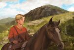  1boy askeladd belt_buckle blonde_hair buckle cloud dnriv grass horse outdoors short_hair sky tunic viking vinland_saga younger 