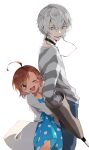  1boy 1girl absurdres accelerator_(toaru_majutsu_no_index) age_difference ahoge albino blue_dress blue_pants blush_stickers brown_eyes brown_hair choker commentary crutch dress earphones hana_(h6n6_matsu) happy height_difference highres labcoat last_order_(toaru_majutsu_no_index) looking_at_another looking_down monochrome one_eye_closed open_mouth pale_skin pants polka_dot polka_dot_dress raised_eyebrows red_eyes sanpaku shirt short_hair simple_background smile striped striped_shirt toaru_kagaku_no_railgun toaru_majutsu_no_index v white_background white_hair white_shirt 