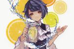  1boy :3 ascot asymmetrical_bangs bangs black_vest blue_hair commentary_request food fruit genshin_impact holding holding_jug hydrokinesis jug kotker34 lemon lemon_slice lemonade looking_at_viewer male_focus shirt short_sleeves solo upper_body vest water white_neckwear white_shirt xingqiu_(genshin_impact) yellow_eyes 