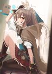  1girl absurdres black_legwear breasts brown_eyes brown_hair commentary feathers friend_(nanashi_mumei) gloves hair_ornament highres hololive hololive_english long_hair looking_at_viewer nanashi_mumei ponytail sitting solo thighhighs timo_wei95 virtual_youtuber 