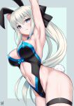  1girl animal_ears armpits black_bow black_leotard blue_eyes bow breasts clothing_cutout fake_animal_ears fate/grand_order fate_(series) hair_bow highleg highleg_leotard highres kuraikurairey leotard lipstick long_hair makeup medium_breasts morgan_le_fay_(fate) platinum_blonde_hair ponytail rabbit_ears solo stomach_cutout very_long_hair 