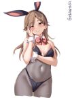  1girl animal_ears arashio_(kancolle) bare_shoulders blush breasts brown_hair cleavage covered_navel detached_collar ebifurya eyebrows_visible_through_hair fake_animal_ears highres kantai_collection long_hair looking_at_viewer medium_breasts parted_lips playboy_bunny rabbit_ears simple_background smile solo twitter_username white_background yellow_eyes 