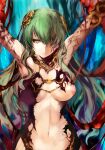  1girl agulo arms_up blue_background breasts green_hair hair_ornament highres hornet_(rance) large_breasts long_hair looking_at_viewer navel nipples rance_(series) rance_10 restrained solo torn_clothes upper_body yellow_eyes 