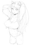  1girl absurdres arms_up attyon bangs bikini breasts cleavage cropped_legs eyebrows_visible_through_hair greyscale hat hatching_(texture) highres jacket kantai_collection large_breasts lineart long_hair long_sleeves monochrome official_alternate_costume open_clothes open_jacket parted_lips simple_background sketch solo south_dakota_(kancolle) sweat swimsuit visor_cap white_background 