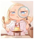  1girl :&lt; blonde_hair blue_eyes child commentary cup drooling food hood hoodie kozato_(yu_kozato) low_twintails magnifying_glass mug original pudding saliva short_twintails solo spoon twintails white_hoodie wooden_spoon 