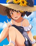  1girl bangs blue_bow blue_sky bow brown_hair character_name cloud day dress flower hat hat_flower kantai_collection off-shoulder_dress off_shoulder open_mouth orange_eyes outdoors short_hair sky solo straw_hat summer upper_body v watanore white_dress yellow_flower yukikaze_(kancolle) 