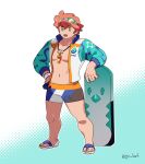  1boy alternate_costume bike_shorts character_print commentary eiscue eiscue_(ice) freckles full_body gen_8_pokemon go-lurk goggles goggles_on_head green_eyes jacket knees legs_apart male_focus milo_(pokemon) navel open_clothes open_jacket open_mouth pink_hair pokemon pokemon_(game) pokemon_swsh sandals solo standing toes tongue upper_teeth whistle whistle_around_neck 
