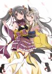  2girls bags_under_eyes black_hair detached_sleeves dress grey_hair highres horns japanese_clothes kureha_yuna long_hair magia_record:_mahou_shoujo_madoka_magica_gaiden mahou_shoujo_madoka_magica messy_hair multiple_girls oni qururu ribbon sandals single_horn thighhighs tokime_shizuka twintails yellow_eyes 